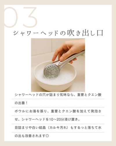 シャワーヘッドの吹き出し口を掃除している様子
