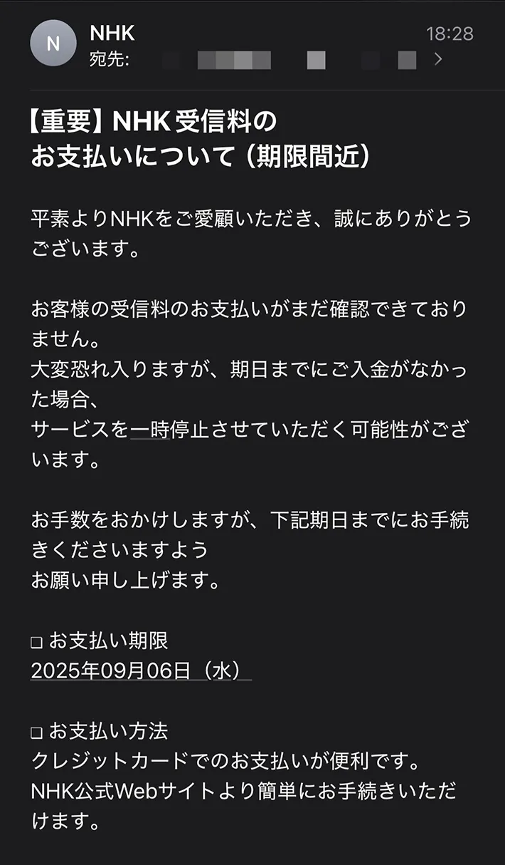 迷惑メールのスクリーンショット