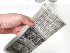 新聞紙で玄関掃除をする写真