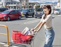 駐車場でカートを押す女性の写真