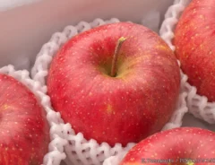 フルーツネットのついたリンゴの写真