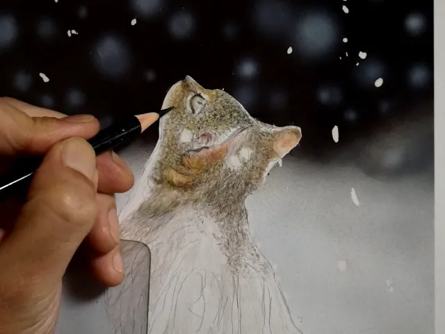 制作途中の色鉛筆画の写真