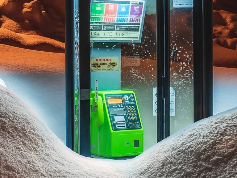 大量に雪が乗った公衆電話ボックスの写真
