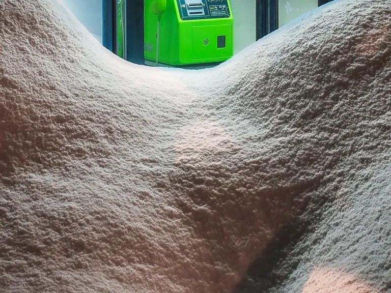 大量に雪が積もる公衆電話ボックスの写真