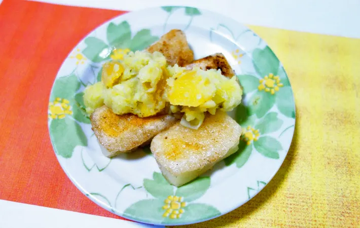 『もちのバターソテー ～栗きんとんdeスイートポテト風～』の完成写真（撮影：エニママ）