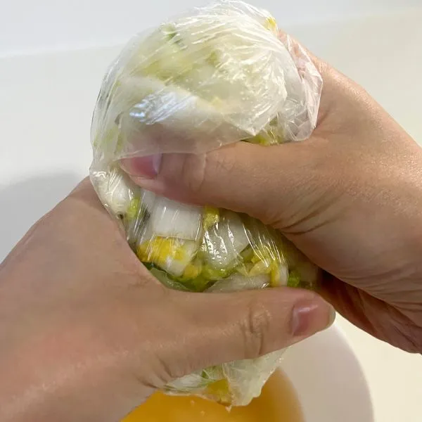 ポリ袋に入った白菜の水気を絞っている写真（撮影：grape編集部）