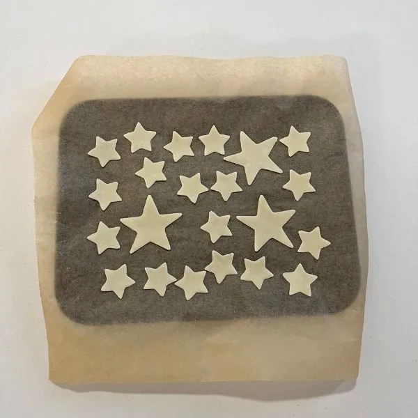 クッキングシート上にくりぬいた餃子の皮を並べた写真（撮影：grape編集部）