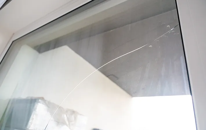 ヒビ割れた窓ガラスの写真