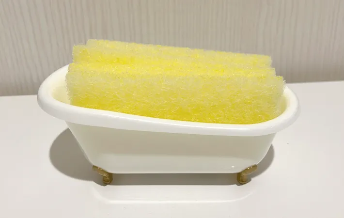 『ミニチュア猫足バスタブ』に使い捨てスポンジを入れた写真（撮影：エニママ）