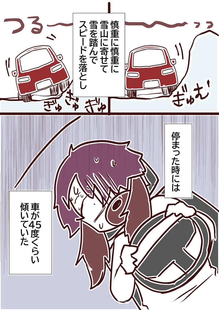 北海道の雪道でスリップし、九死に一生を得た体験を描いた漫画の写真