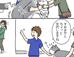 元動物看護師が、動物病院のスタッフを前にした際の犬の反応を描いた漫画の写真