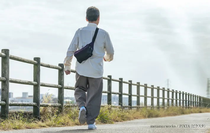 『散歩道を歩くシニア男性の後ろ姿』の写真