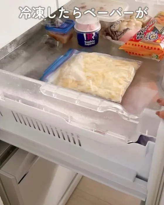 キッチンペーパーが入った面を下にして冷凍庫に入れる写真