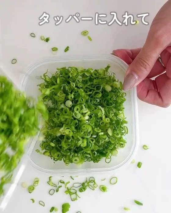 保存容器に入れた小口ネギの写真
