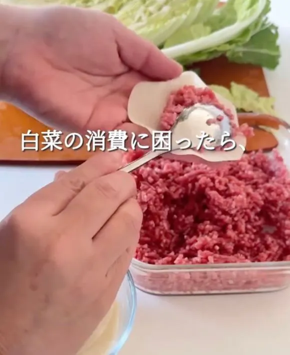 餃子の皮に合いびき肉をのせる写真