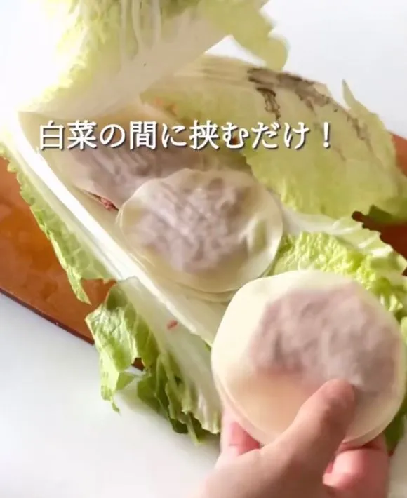 白菜の葉の間に餃子を並べる写真