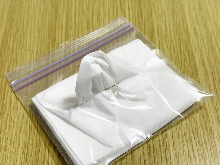 自作のポケットティッシュケースに中身のみを入れている画像（撮影：grapeライフハック編集部）