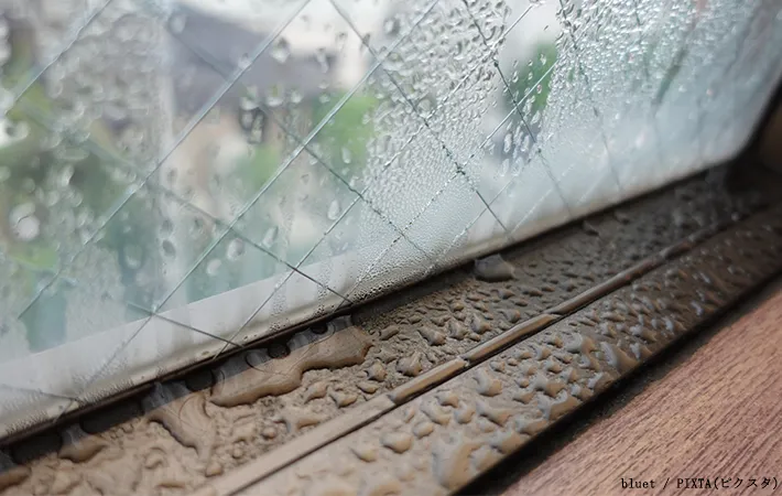 窓とサッシが結露している写真