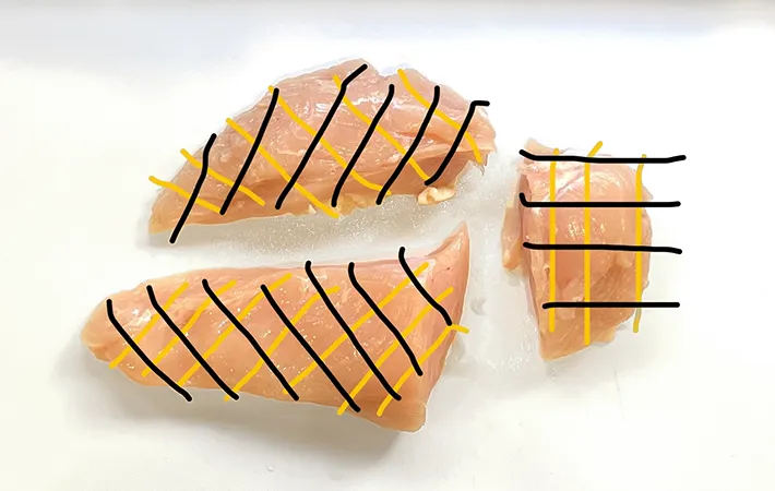 鶏むね肉の遷移と切る方向を指示する写真