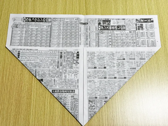 新聞紙の左右の下の角を真ん中の選に向かって三角に折った画像（撮影：grapeライフハック編集部）