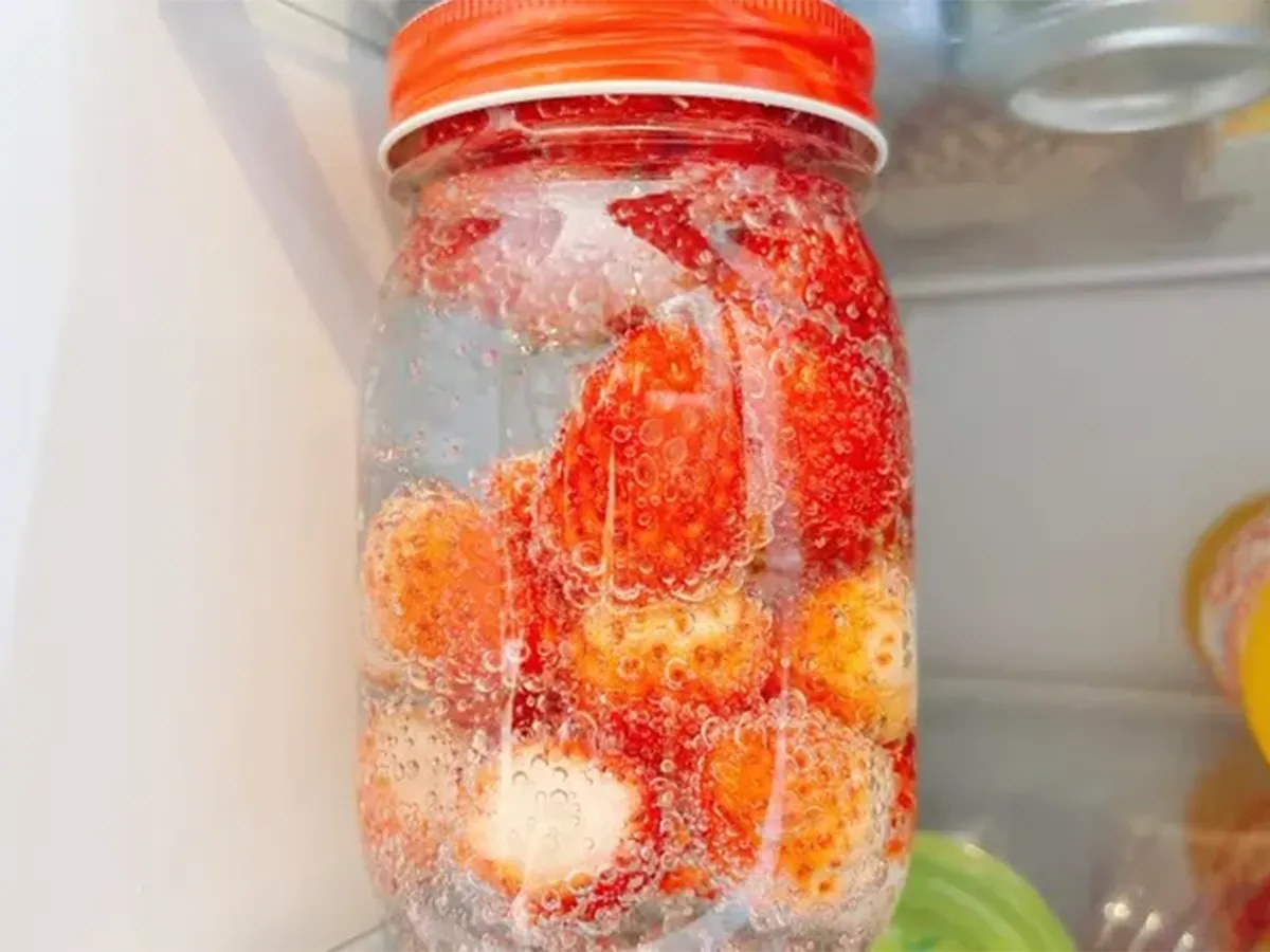 イチゴを炭酸水に漬ける写真(撮影:キジカク)