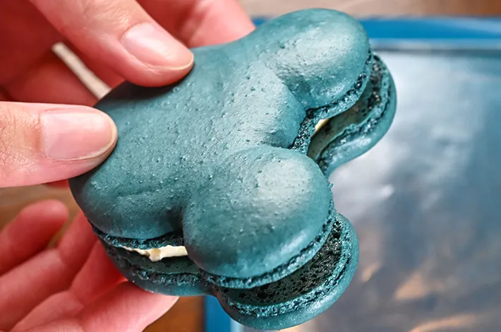 手に持ったミッキーマカロン（ホワイトチョコ）の写真（撮影：grapeフード編集部）