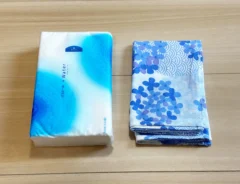 ソフトパックのティッシュと手ぬぐいを並べた画像（撮影：grapeライフハック編集部）