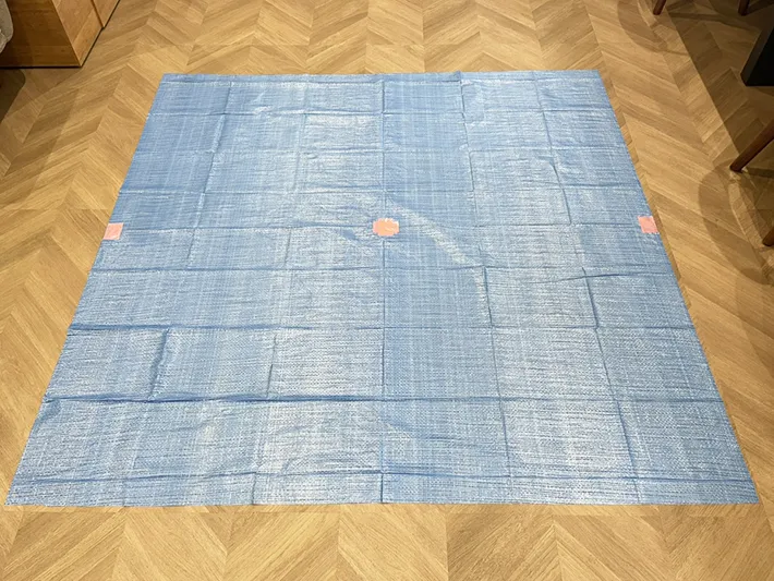 広げたレジャーシートに印をつけた写真（撮影：grapeライフハック編集部）