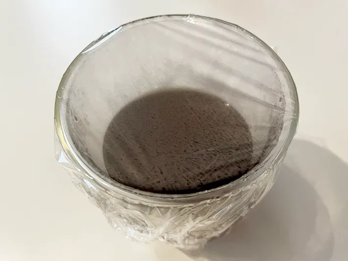 粉ゼラチン入りのコーヒーにラップをかけた写真（撮影：grapeフード編集部）