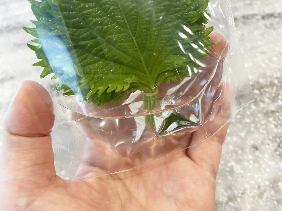 大葉のジッパー袋の水量を写した写真（撮影：grapeフード編集部）