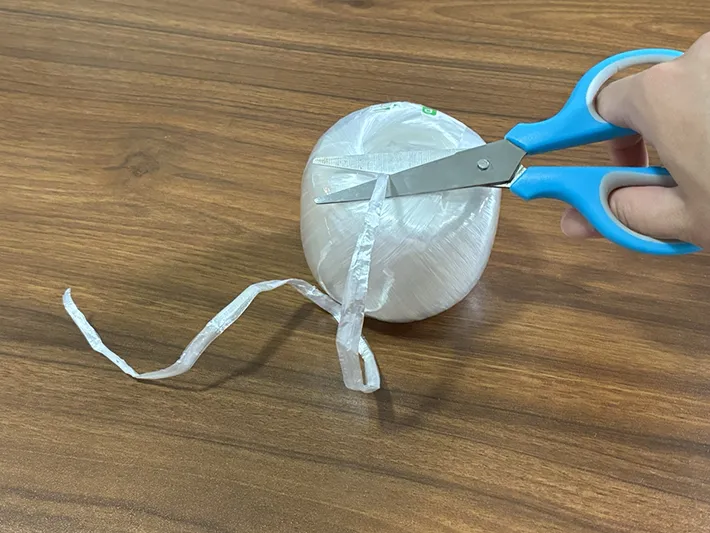 ビニール紐をハサミでカットする場面（撮影：grapeライフハック編集部）