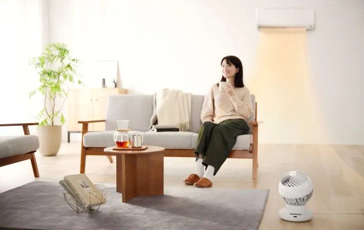 ソファに座る女性とエアコンの写真