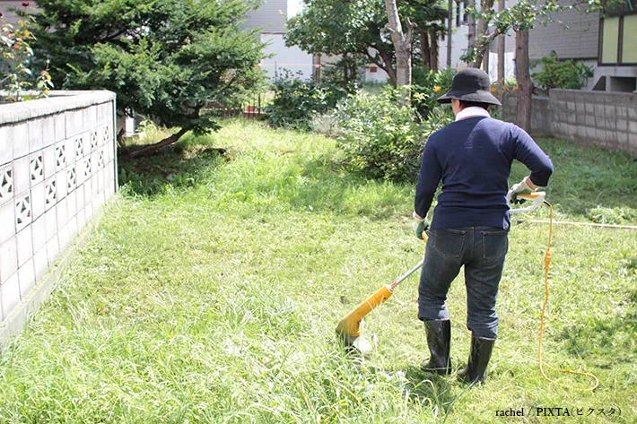 雑草を刈る女性