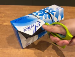 ティッシュの空き箱をハサミで切り分ける場面（撮影：grapeライフハック編集部）
