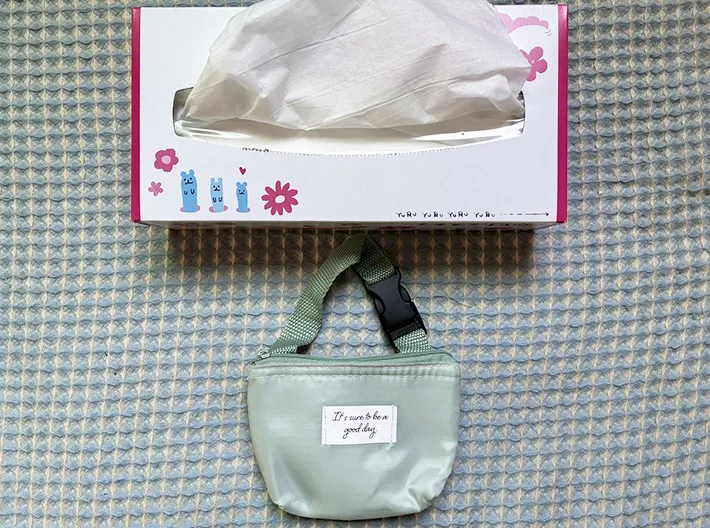 『保温冷薄型ミニポーチ』と箱ティッシュのサイズを比較した画像（撮影：エニママ）