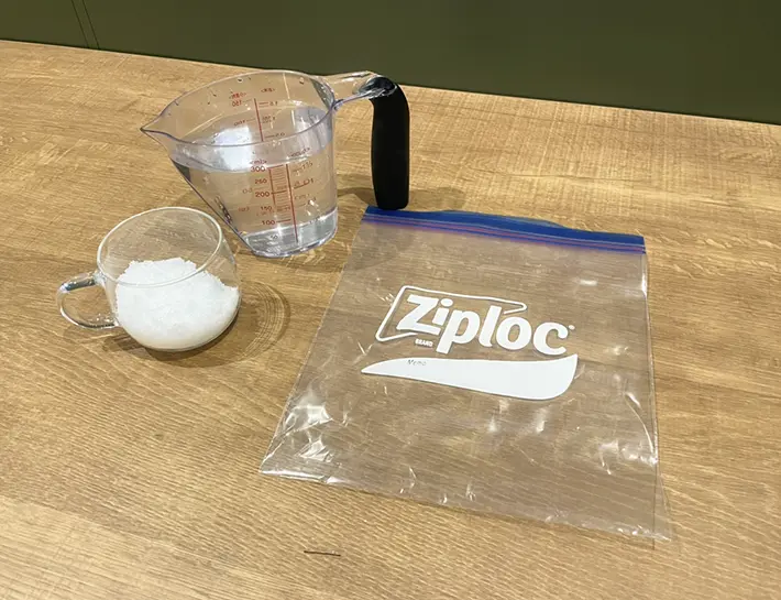 ジッパー袋、塩、水の写真（撮影：grapeライフハック編集部）