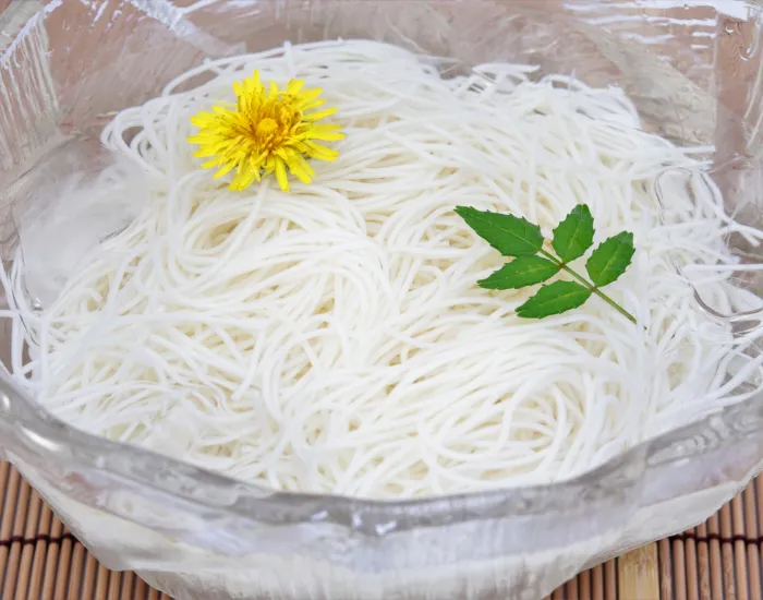 お皿に盛りつけられたそうめん
