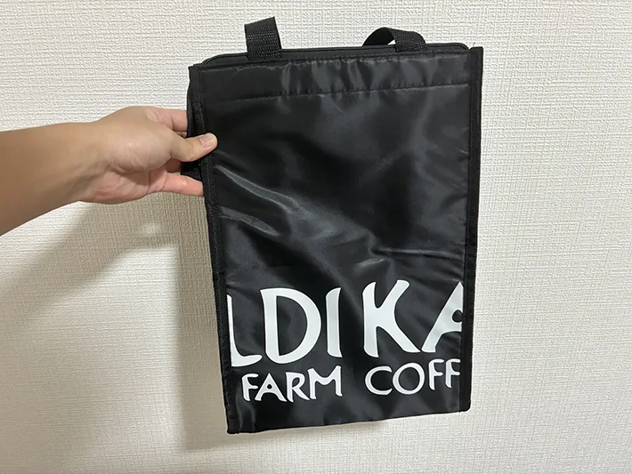 手で持ったカルディの保冷バッグ（撮影：grape編集部）
