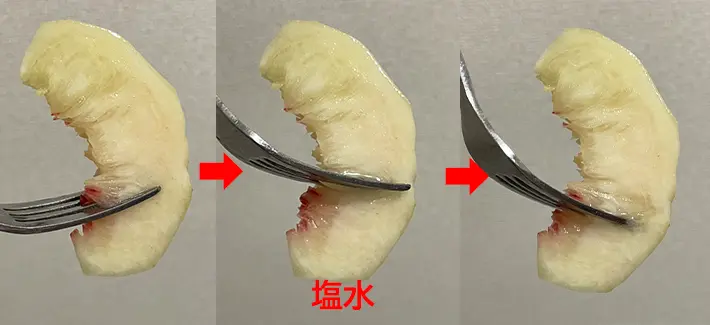 塩水に浸した桃の変化の写真（撮影：grapeフード編集部）