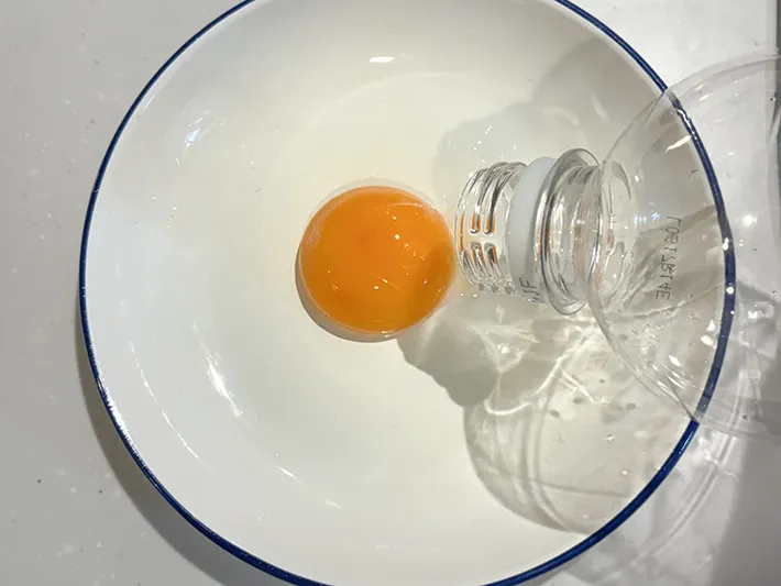 ペットボトルから皿の上に出した卵黄（撮影：grapeライフハック編集部）