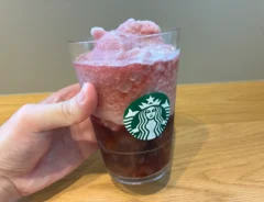 手で持ったスタバの新作『芳醇 巨峰 フローズン ティー』(撮影:grapeフード編集部)