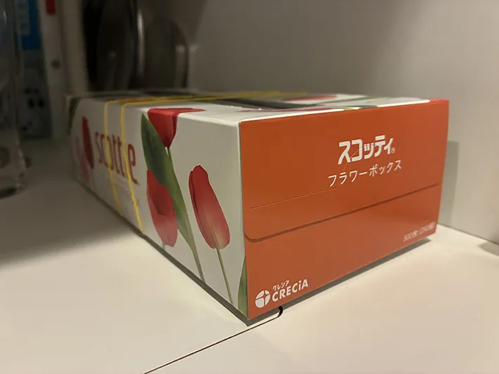 棚の中に置いた輪ゴムつき箱ティッシュ（撮影：grapeライフハック編集部）