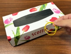 机に置いたティッシュの空き箱と、指で持った輪ゴム（撮影：grapeライフハック編集部）