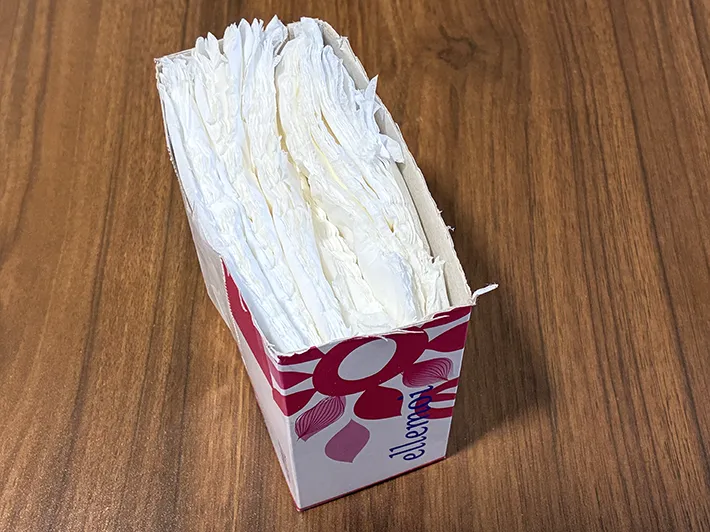半分に切った箱に詰めたティッシュ（撮影：grapeライフハック編集部）