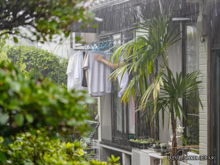 『豪雨　慌てて洗濯物を取り込む主婦』の写真