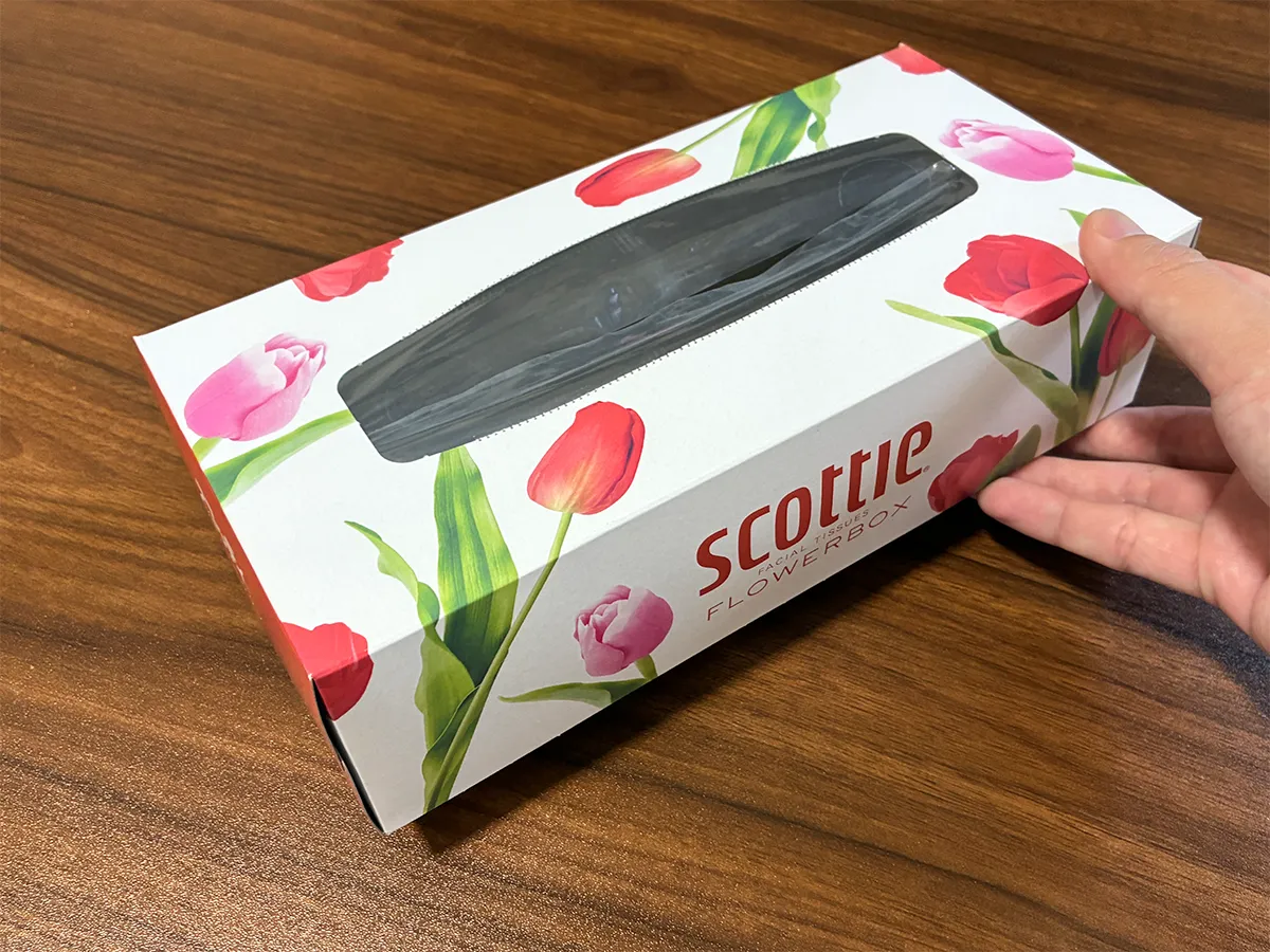 手で持ったティッシュの空き箱（撮影：grapeライフハック編集部）