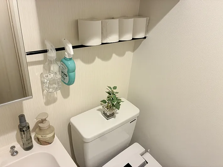 つっぱり棒の上に収納したトイレットペーパーや掃除アイテムなど（撮影：grapeライフハック編集部）