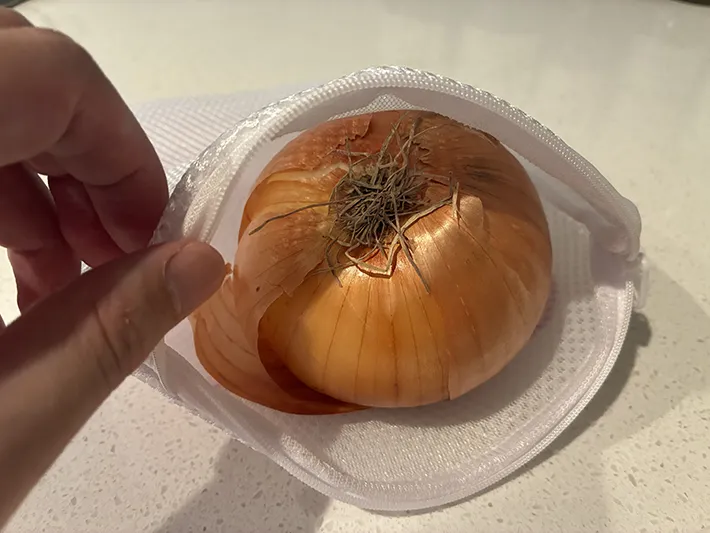 タマネギを入れた洗濯ネット（撮影：grapeライフハック編集部）