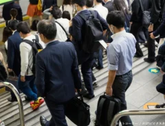 歩きスマホをするビジネスマンの写真