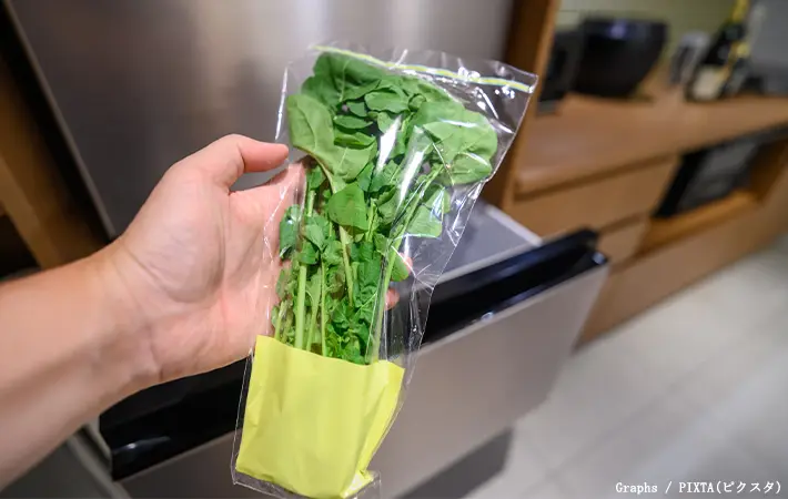 冷蔵庫に野菜を入れる写真